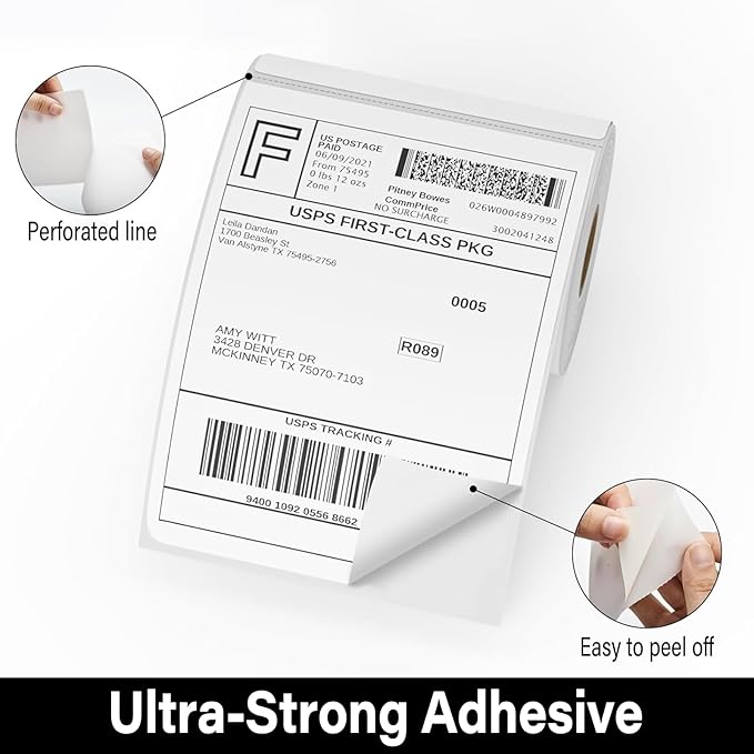 4x6 Thermal Shipping Labels - 1 Roll of 350, Perforated & Strong Adhesive, Direct Thermal Labels Compatible with Rollo, Zebra, for Amazon UPS FedEx Shopify