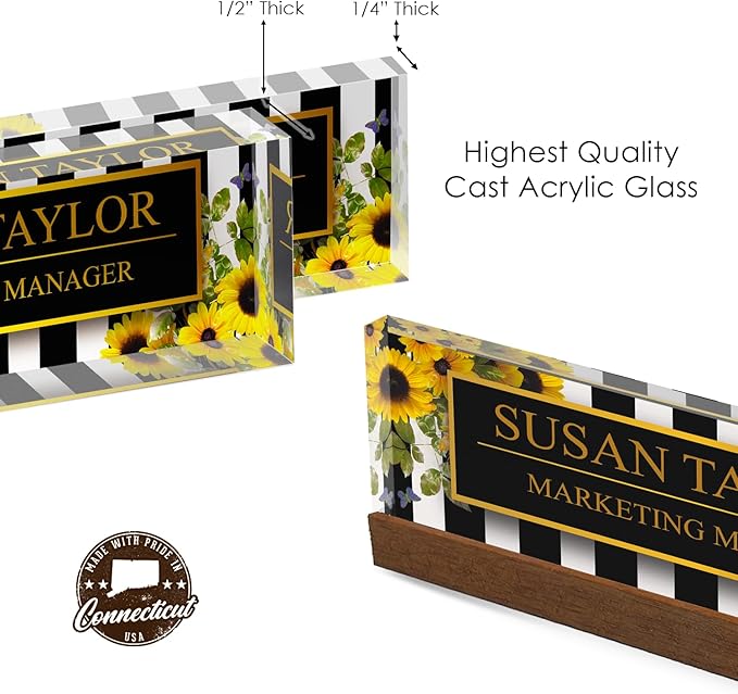Artblox Office Personalized Name Plate for Desk with Business Card Holder On Clear Acrylic Glass Sunflower Flowers Design Custom Desk Name Plate with Your Name and Credentials Customized Gift