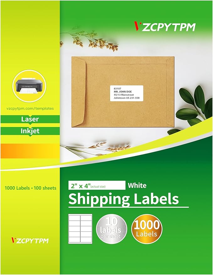 VZCPYTPM 1000 Blank Printable Shipping Labels 2x4 Inches,Inkjet or Laser,Customizable Adhesive Stickers for Address,Shipping,Mailing,Blank File Folder & Label Paper