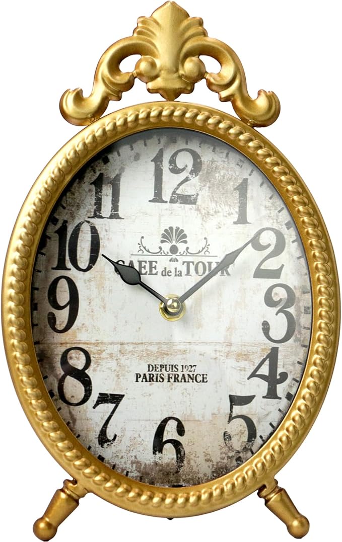Vintage Gold Table Clock, Retro Oval Desk Clock with Romanesque Frame, Silent Non-Ticking Decorative Clock for Living Room Bedroom Office, Elegant Gift for Home Décor Lovers