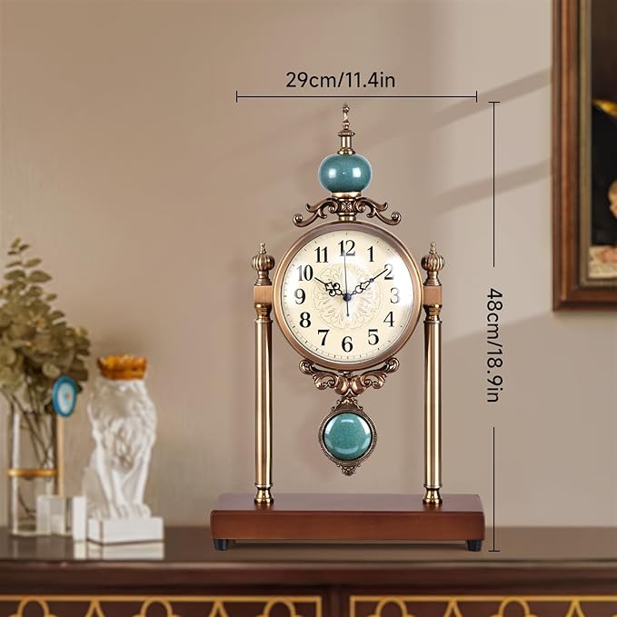 Vintage Table Clock with Turquoise Accents, Silent Non-Ticking, Wood Base and Metal Frame, Decorative Antique Design