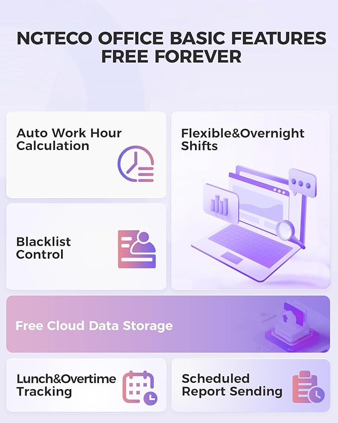 NGTeco Time Clock Cloud-Based, TC5 Face Recognition Time Clocks for Employees Small Business, 2.4G WiFi Remote Control Clock in and Out Machine with Software & iOS/Android App, No Monthly Fee
