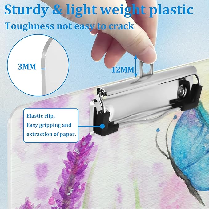 Watercolor Blue Butterfly Lavender Flower Clipboard Decorative Clip Board with Metal Clip A4 Standard Size 12.5" X 8.7" for Teacher Students Nurses Office