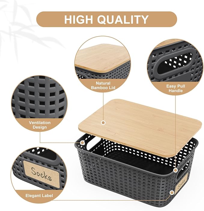 Plastic Storage Bins with Bamboo Lid - Pantry Storage Baskets with Lid - Stackable Container with Lable for Organizing: Small Storage Box for Shelves Office Cabinet Drawer Closet 9x7x4 In - Grey 6Pcs
