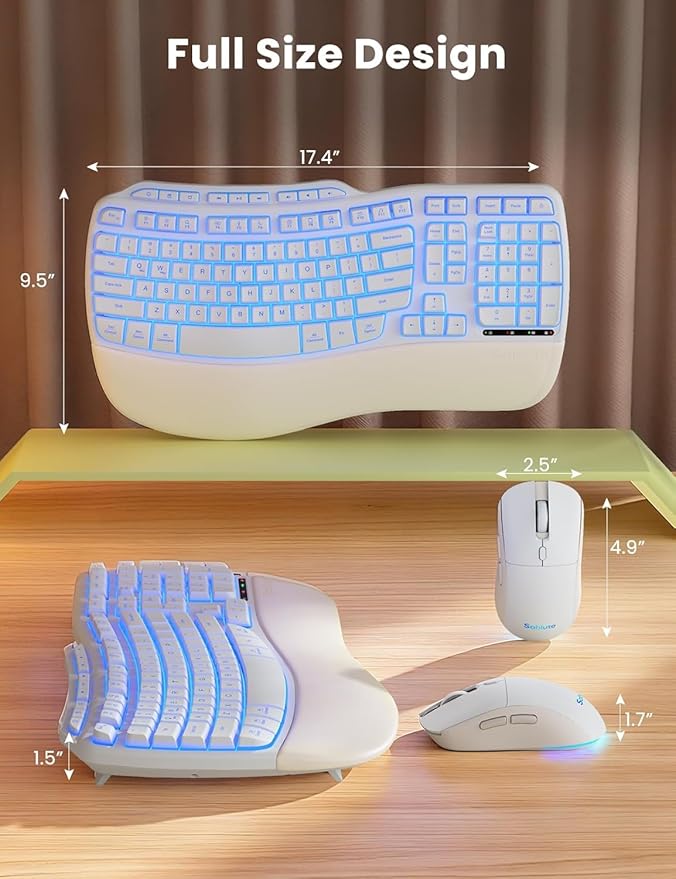 White Wireless Keyboard and Mouse Combo, Light up Ergonomic Keyboard Set, 2.4G Full Size Ergo Wave Key Board with Cushioned Plam Rest, Silent Mouse, for Computer/Laptop/Windows/Mac, Sablute