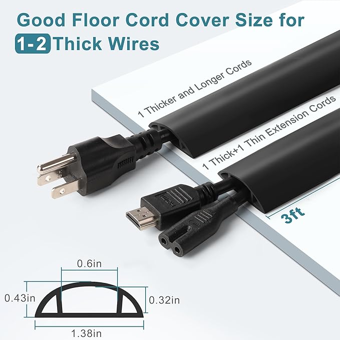 Floor Cable Cover 3ft Grey, LZEOY Cord Covers for Wires on Floor, Cord Hider Floor Cable Management, Extension Cord Floor Cover Low Profile, Floor Cord Cover for Office/Carpet/Floor