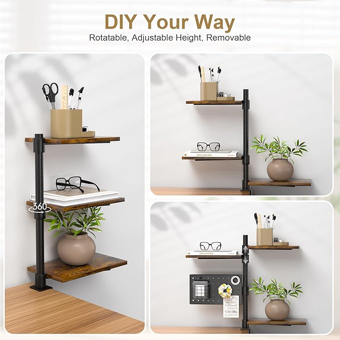 3-Tier Clamp On Desk Shelf, Adjustable 360° Rotatable Above or Under Desk Storage Shelves Holds 33 lbs, Heavy Duty Desktop Organizer with Pegboard Accessories ＆ 3 Hook for Home Office Dorm