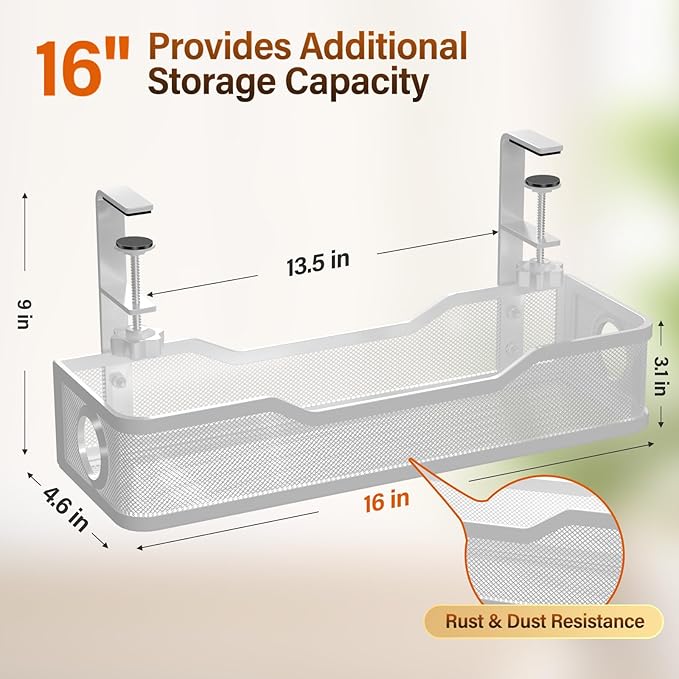 [Upgraded] 2 Pack Under Desk Cable Management Tray, Cinati Cord Organizers for Table Thickness up to 3", 16" Wire Organization with Clamp No Drill, Cable Management Box for Office - No Damage to Desk