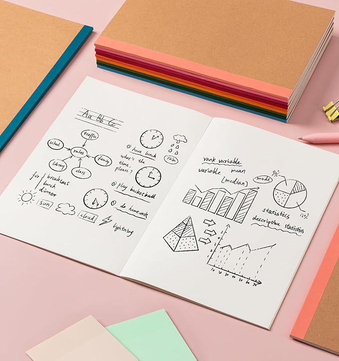 ALKALO 30 Pack Blank Notebook Journals Bulk, A5 Unlined Paper Composition Notebook, 8.3”x 5.5”, Kraft Cover with Rainbow Spines, 15 Colors 60 Pages for School Office Travel