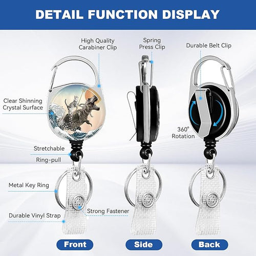 2 Pack Funny Surfing Cat ID Badge Holder with Heavy Duty Retractable Reel Keychain for WomenStudents,Teachers, Nurses, Office Use