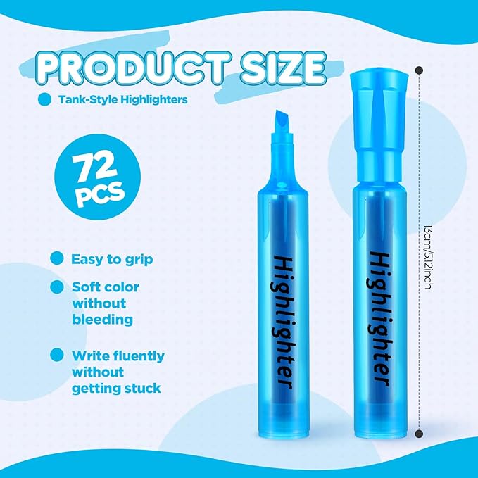 Qilery 72 Pack Highlighters Bulk, Tank Style Chisel Tip Highlighters Markers Pack Quick Drying for Adult Coloring, Home Office Supplies (Blue)