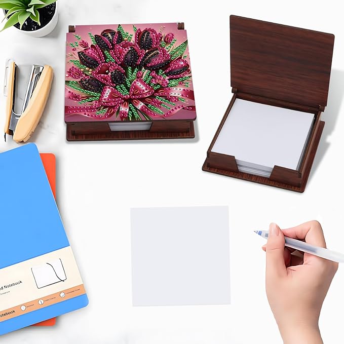 Wooden DIY Tulip Bouquet Diamond Art Notecard Box – DIY Gem Art Sticky Note Holder for Adults 160 Sheets Memo Pad Storage