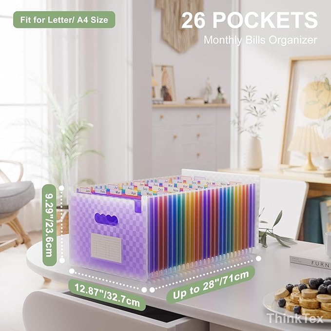 ThinkTex 26 Pockets Expanding File Folders, Accordion File Organizer with Expandable Cover, Monthly Bill Receipt Documents Organizer, A-Z Colorful Tabs, Letter/A4 Size - Purple