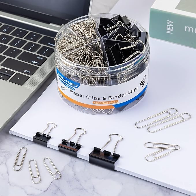 FUDAO FAMILY Paper Clips & Binder Clips, 340 PCS Assorted Sizes, Silver & Black, Metal, Medium, Large, Small