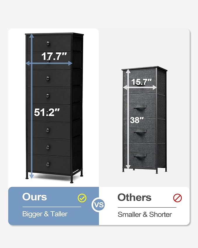 Crestlive Products Tall Dresser, 8-Drawer Fabirc Storage Tower, Chests of Drawers - Vertical Organizer Unit for Bedroom, Hallway, Entryway, Nursery, Closets - Steel Frame, Wood Top & Handles (Black)