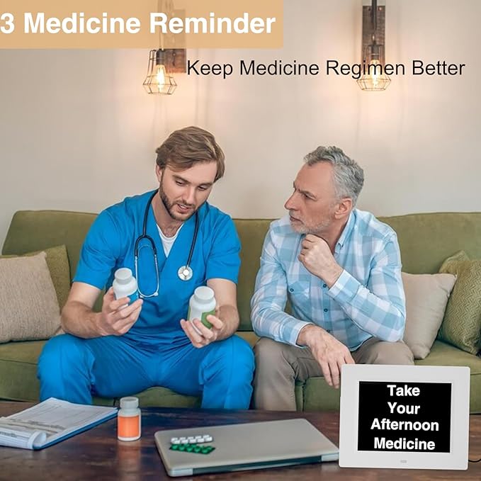 8 Inch Dementia Clock for Seniors - Extra Large Display Digital Day & Date Clock with 5 Alarms + 3 Medication Reminders, Auto-Dimmable - White Wall Clock for Elderly Bedroom