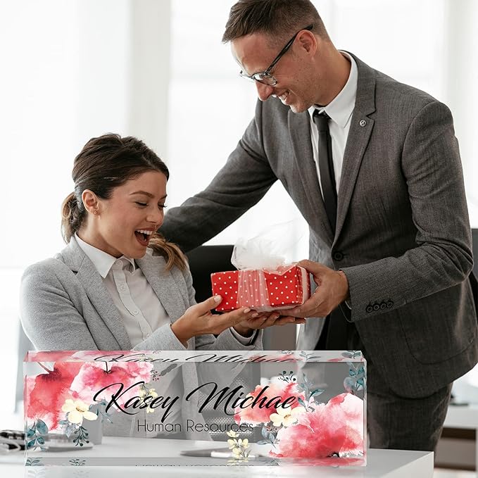 Custom Name Plate for Desk, Desk Name Plate Personalized, Office Decor for Women Men, Acrylic Desktop Accessories, Office Gifts for Coworkers Boss Teacher, Employee Appreciation Gifts (Flowers A)
