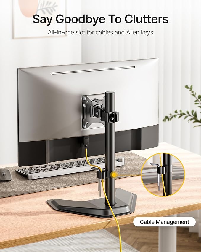 monTEK Stable Single Monitor Stand, Freestanding Monitor Arm for 17 to 32 inch & 22lbs Capacity Screen, Adjustable Height Desk Mount with Swivel and Tilt, VESA 75x75/ 100x100mm