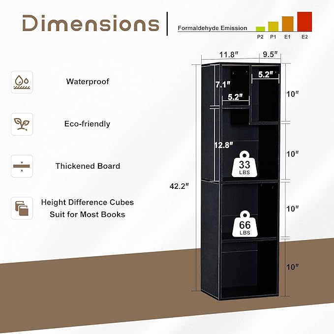 VECELO 4-Tier Bookcase, Modern Storage Cabinet with Height Difference Shelves for Standard Textbooks, 5 Cubes, Vertical or Horizontal, Easy Assembly,Vintage Black