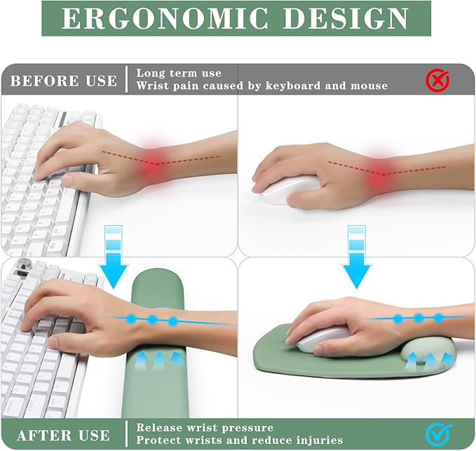 Wrist Rest Support for Mouse Pad and Keyboard Set, Ergonomic Gel Computer Keyboard Wrist Rest with Memory Foam for Long Hours of Work, Gaming, Studying-Relieve Wrist Pain (Mint Light Green)