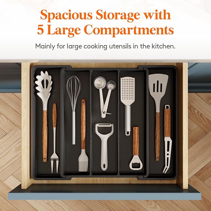 Lifewit Utensil Organizer for Kitchen Drawers, Expandable Cooking Utensil Tray, Adjustable Cutlery Silverware Flatware Holder, Plastic Spatula Tools and Gadgets Storage Divider, Black, 11"-18" x 14"