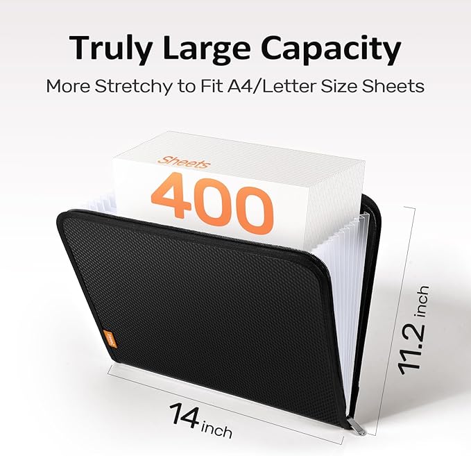 Sooez 13 Pocket Accordion File Organizer, Zipper Expanding File Folder Organizer, Reinforced Plastic Accordion Folder, A4 Letter Size, Portable Folders for Documents, SkyBlue