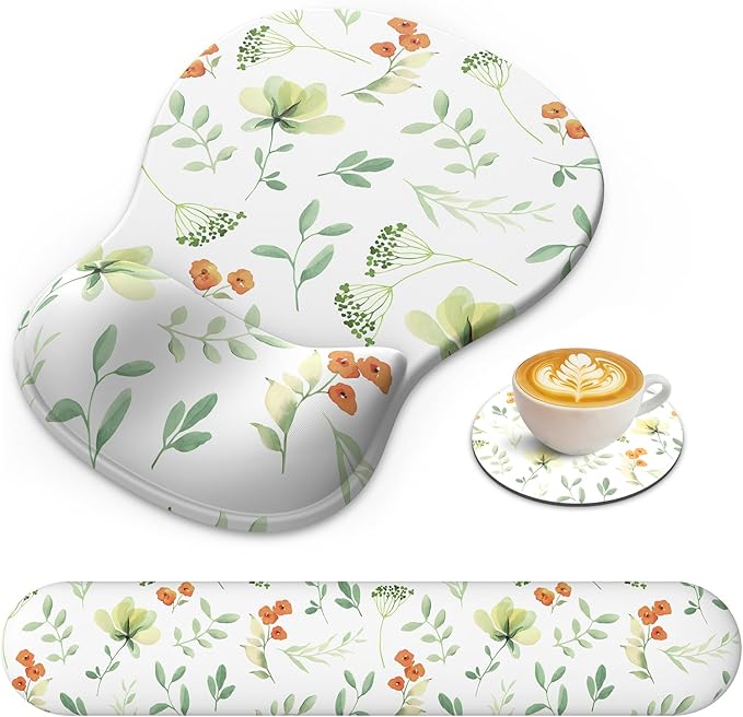 Mouse Pad with Wrist Rest, 3-in-1 Premium Lycra Fabric Memory Foam Ergonomic Wrist Support for Keyboard, Laptop & Desktop, Pain Relief Mousepad with Non-Slip PU Base for Office & Home (Elegant Flower)