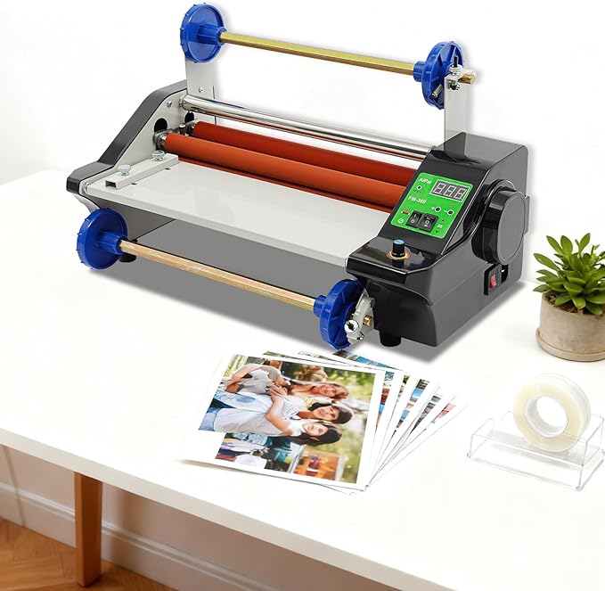 Laminator Machine, 600W Single/Dual Sides Laminating, 0-6.56ft/s Film Covering Speed, 0-6mm Thickness, 0-13.78in Width, 3-4 Min Preheating for Paper, Cardboard, Wood Veneer, PVC Material