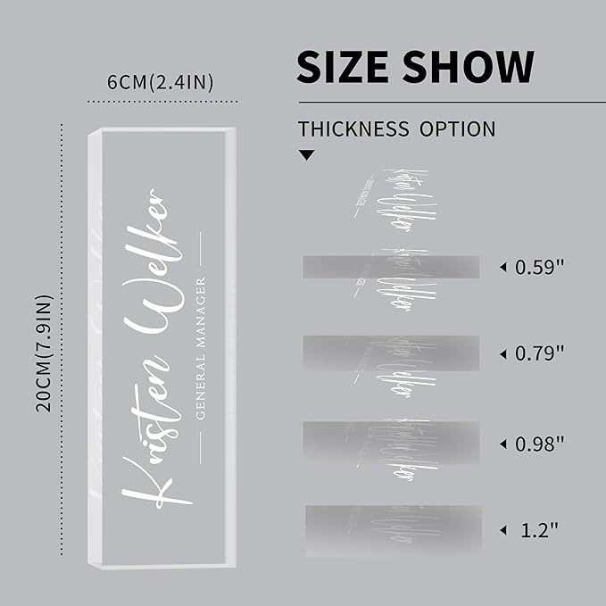 Personalized Acrylic Desk Name Plates, Custom Office Gifts & Decor, 2.5" Tall x 0.59"-1.18" Thick, Transparent, Portrait Orientation, Tabletop Mount