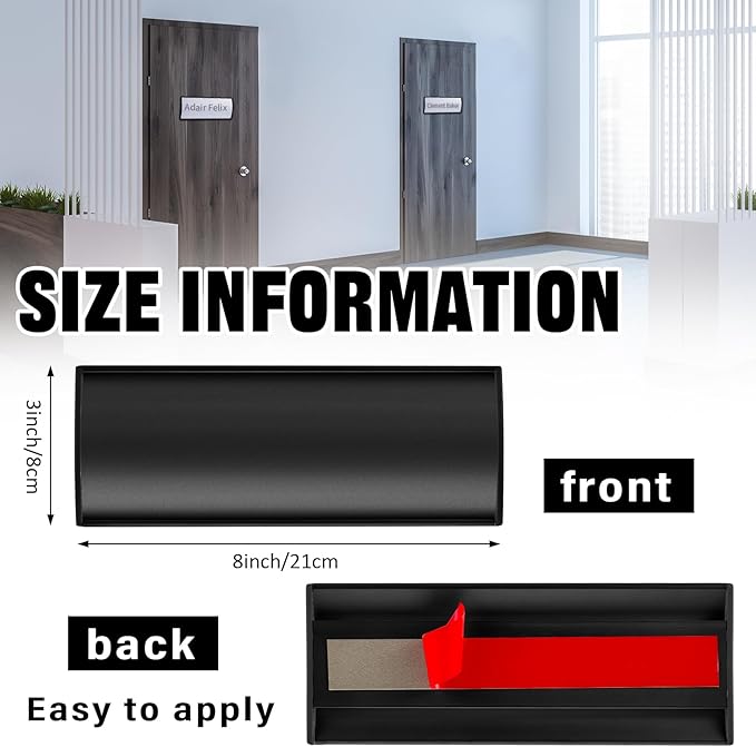 Therwen 25 Pcs Aluminum Office Name Plate Holder for Door Wall Mount 8'' x 3'' Business Sign Holder Office Door Sign Sturdy Curved with Plastic Film and Adhesive Tape (Black)