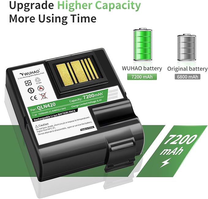 WUHAO QLN420 ZQ630 Battery Upgraded 7200mAh for Zebra QLN420 ZQ630 ZQ63-AUWA000-00 ZQ63-ACFAC10-00 Barcode Label Printer Replacement Battery P1050667-016 BTRY-MPP-68MA1-01