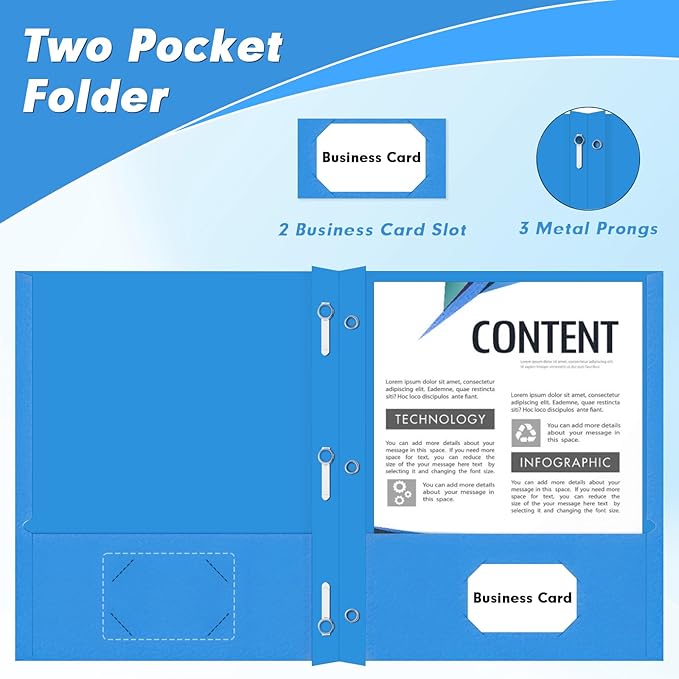 PANDRI Two Pocket Folders, 30 Pack with Prongs, Letter Size, Lightblue