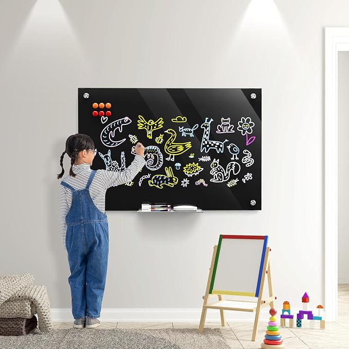 MaxGear Glass Whiteboard Wall Mounted, Frameless Magnetic Dry Erase Board, Tempered Glass, Steel-Backed, Non-Porous Smooth Surface, Floating Design, Accessories Included, for Office Home Classroom