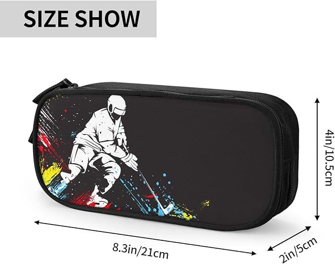 Hockey Pencil Box Black Cool Pencil Case for Kids Boys Men, Big Capacity Canvas Storage Pouch Marker Pen Bag, Portable Travel Storage Box Desk Office Organizer, Stationery Organization Bag