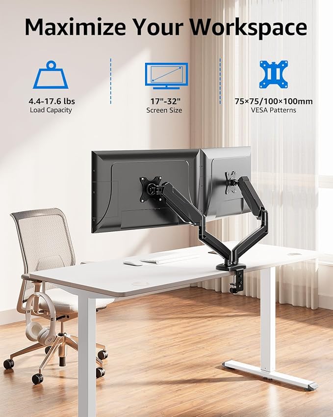 MOUNTUP Dual Monitor Stand for Desk, Monitor Arms for 2 Monitors 32 27 24 22 Inches, Height Adjustable Double Monitor Mount, VESA Mount with C-Clamp & Grommet Base, Holds 4.4-17.6lbs, Black