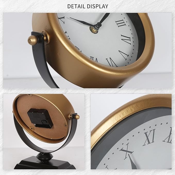 Desk Clock - Classic Vintage Clock and Decorative Shelf Decor,Silent Non-Ticking Clock with Distressed Metal Frame for Office, Living Room or Bedroom