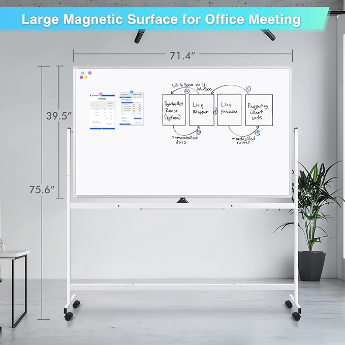 maxtek Rolling Whiteboard 72x40, Large Double-Sided White Board Dry Erase on Wheels, Giant Magnetic White Board Standing for Office, School, Home Office, Homeschool (Sliver)