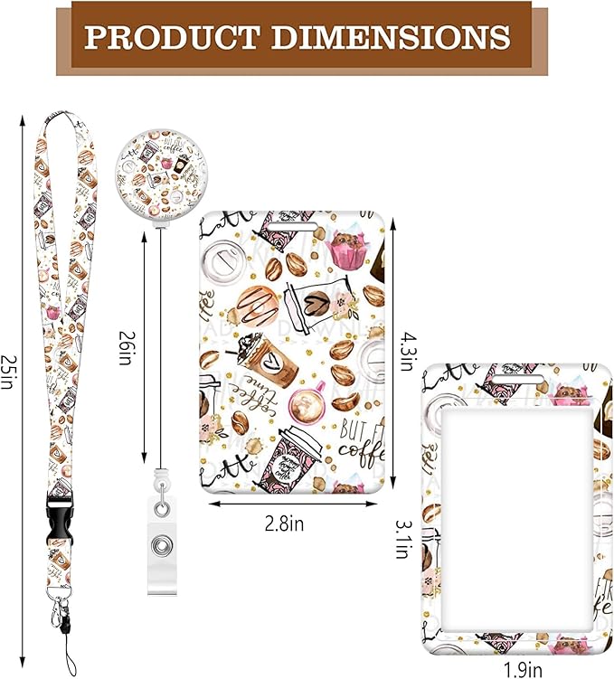 BLOCIT ID Badge Holder with Lanyard and Retractable Badge Reel Clip, Cute Card Name Tag Lanyard Vertical ID Protector Bage Clips for Nurse Doctor Teacher Student（I Love Coffee）