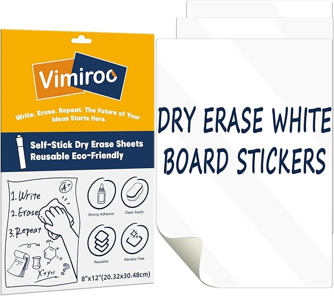 3 Pack Dry Erase Board Stickers Magnetic Free, 12"x8" Restickable Dry Erase Sheets No Residue for Wall/Refrigerator/Door/Cabinet, Adhesive Non-Magnetic Whiteboard, Fridge Dry Erase Paper