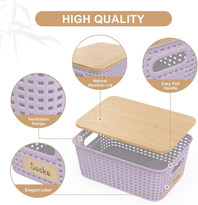 Plastic Storage Bins with Bamboo Lid - Pantry Storage Baskets with Lid - Stackable Container with Lable for Organizing Small Storage Box for Shelves Office Cabinet Drawer Closet 9x7x4 In - Purple 6Pcs