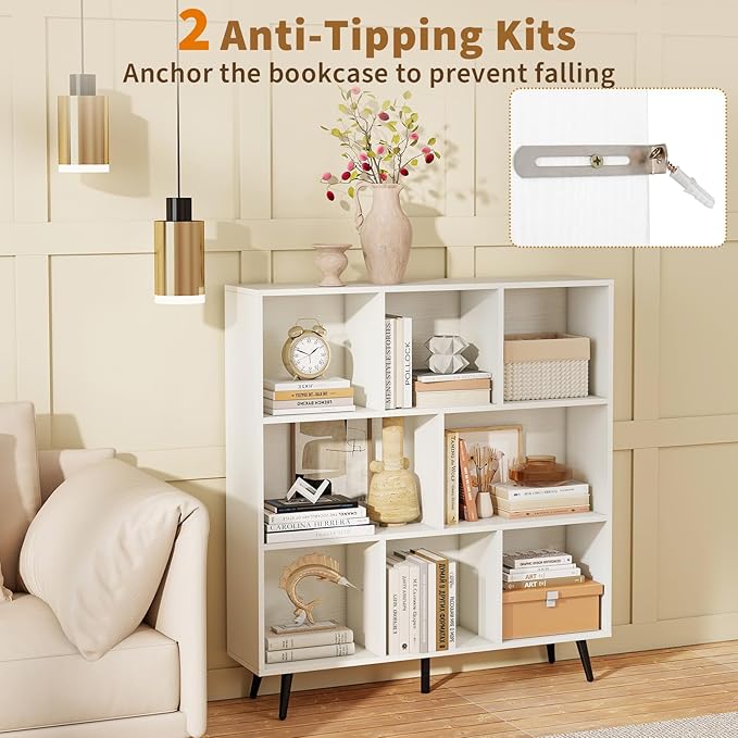 Tangkula 8-Cube Bookcase, Modern Storage Bookshelf with 5 Tapered Metal Legs & 2 Anti-Tip Kit, Freestanding Display Rack for Living Room, Study Room (8-Cube,White)