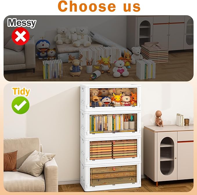 4 Tier Storage Bins with Lids 102QT - Stackable Containers with Wheels, Folding Boxes, Set of 25