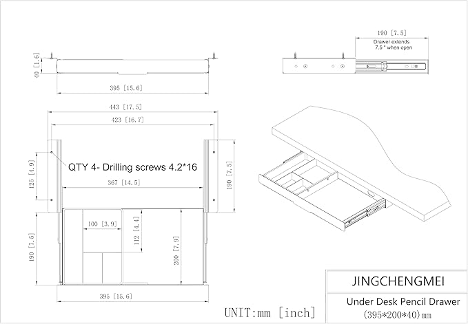 Under Desk Slide Out Pencil Drawer, Storage Organizer 15 Inch Wide, Ball-Bearing Slides, Black (8x14.4 Inch)