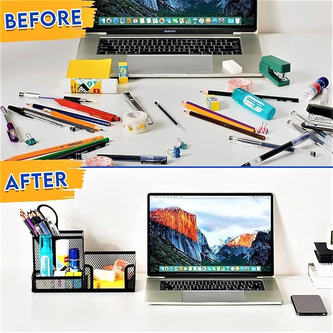4 Pack 3-in-1 Mesh Pen Holder Desk Organizer, 3 Compartments Pencil Holder Caddy with Sticky Notes Holder for Home, Office & School
