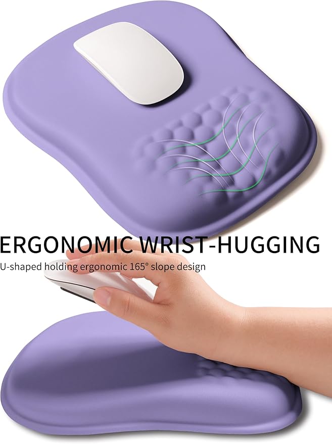 Hokafenle Ergonomic Wrist-Hugging Mouse Pad Wrist Support, U-Shaped Holding Wrist Rest Mousepad for Carpal Tunnel Pain Relief with Cushioned Memory Foam Slope Massage Bulge (10.2x8.3 in,Lavender)