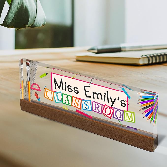Artblox Office Personalized Name Plate for Desk with Business Card Holder On Clear Acrylic Glass School Teacher Design Custom Desk Name Plate with Your Name and Credentials Customized Gift