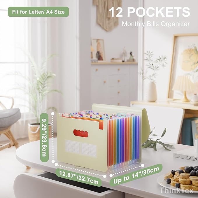 ThinkTex Accordion File Organizer, 12 - Pocket Expanding File Folders for Paper Receipts, Bills&Taxes Organizer, Letter/A4 Size Document Holder for School, Office, Home with tabs-Beige Color