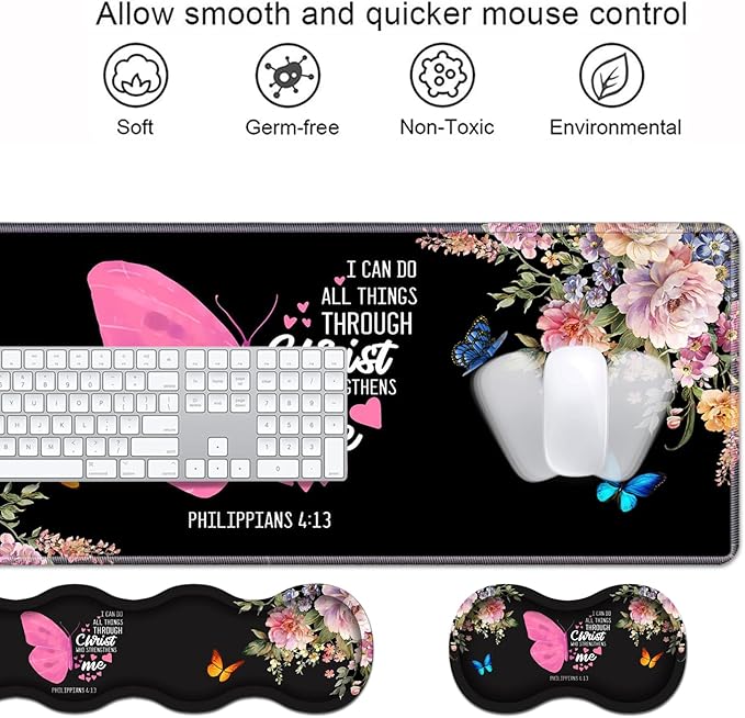 Ergonomic Keyboard Wrist Rest & Mouse Pad Wrist Rest Set, Butterfly Quote Bible Verse Philippians 4-13 Large XXL Gaming Desk Mat 31.5"x 11.8" with Non-Slip Base, Memory Foam for Home Office Study Game