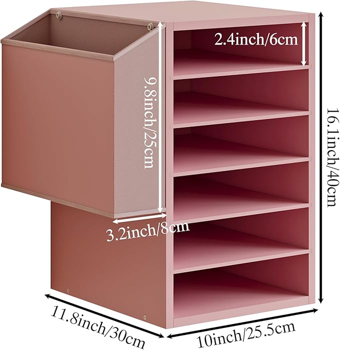 6 Tier Adjustable Countertop Mail Sorter, Mailboxes With Name Slots, Literature Organization Paper Storage Slot, Office Desk File Organizer, Wooden Desktop Mailbox for Classroom(Pink, 6 Slots)