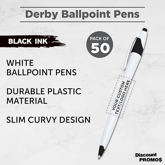 DISCOUNT PROMOS Custom Slim Curvy Ballpoint Pens Set of 50, Personalized Bulk Pack - Black Ink, Retractable, Great for Office, School, Tradeshows - Black